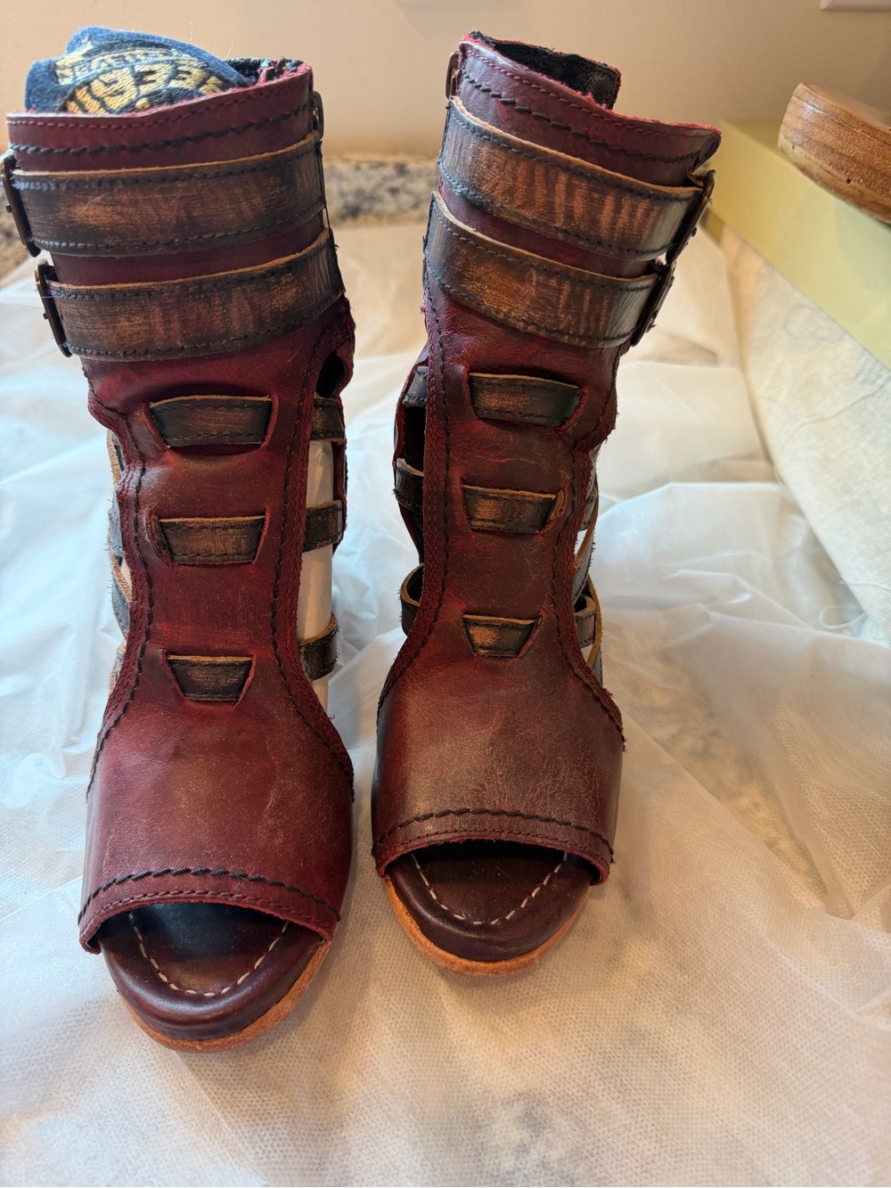 Tiara Burgundy Strappy Open-Toe Heeled Booties